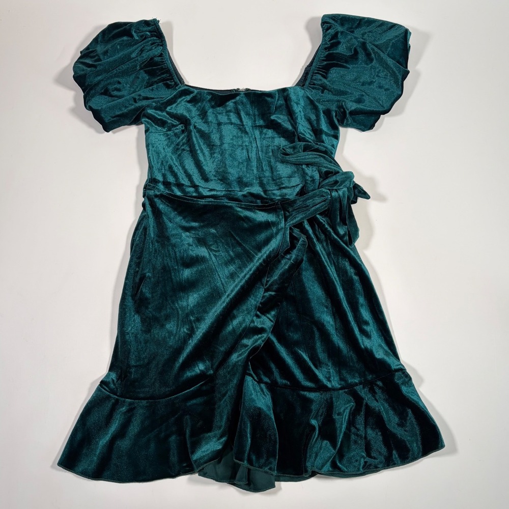 Trixxi Emerald Velvet Mini Dress Juniors M Fits XS/S Puff Sleeve Holiday